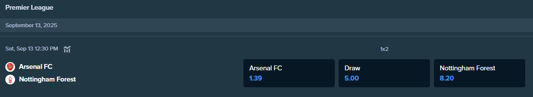 betting odds from stake.com for the match between arsenal and nottingham forest