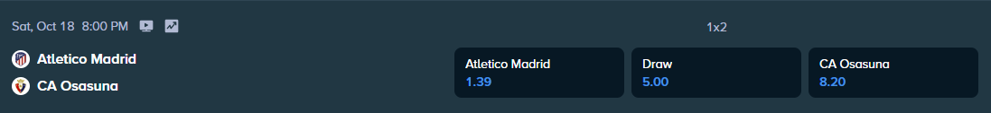 betting odds for the match between atletico madrid and osasuna
