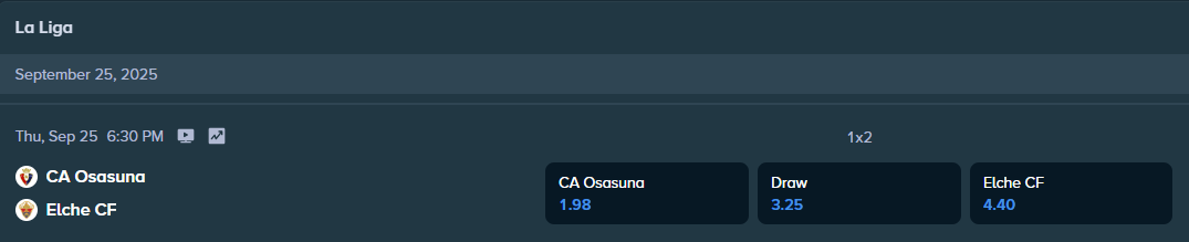 betting odds from stake.com for the match between osasuna and elche