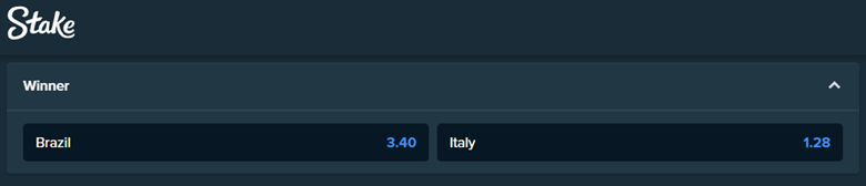 betting odds from stake.com for the volleyball match between brazil and italy