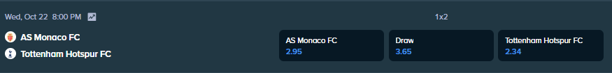 betting odds for the match between tottenham hotspur and as monaco
