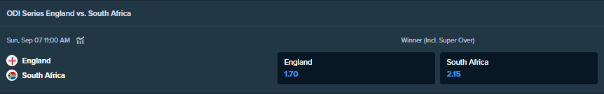 betting odds from stake.com for the cricket match between england and south africa