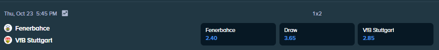 betting odds from stake.com for the match fenerbahce and stuttgart