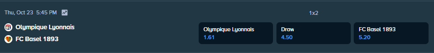 betting odds from stake.com for the match between basel and lyon