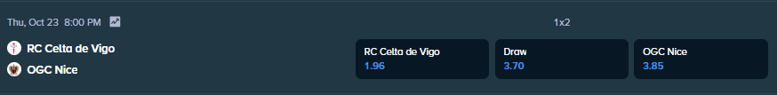 betting odds from stake.com for ogc nice and celta de vigo