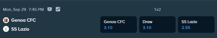 betting odds from stake.com for the match between genoa vs lazio