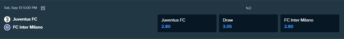 betting odds from stake.com for the match between juventus and inter milan