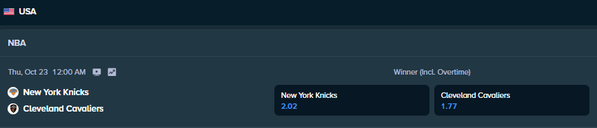 betting odds from stake.com for the match between new york knicks and cleveland cavaliers