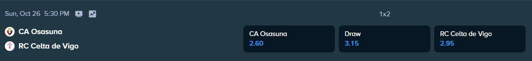 betting odds from stake.com for osasuna and celta vigo