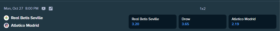 betting odds for the match between atletico madrid and real betis match