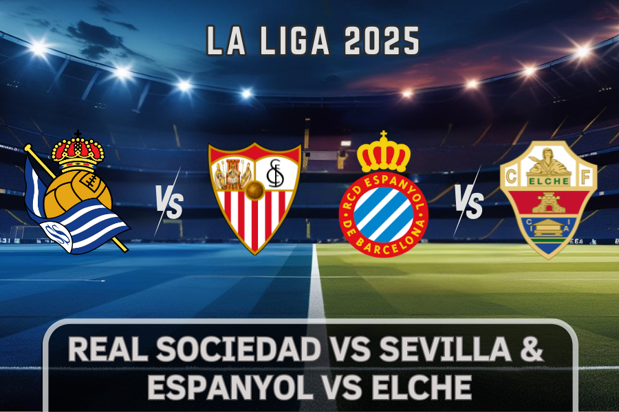the logos of real sociedad and sevilla and espanyol and elche football teams