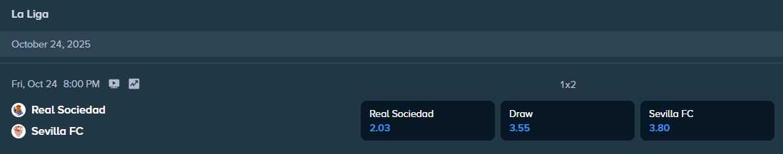 betting odds from stake.com for the sevilla and real sociedad match