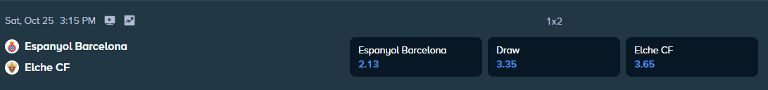 stake.com betting odds for the match between elche and espanyol barcelona