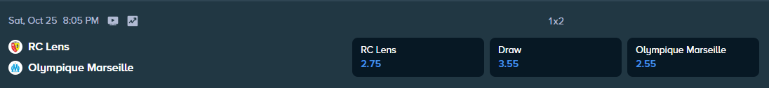 betting odds from stake.com for the match between marseille and lens of ligue 1