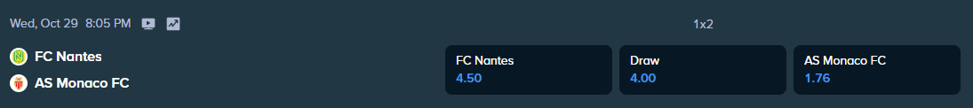 betting odds for stake.com for the match between monaco and nates
