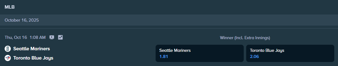 betting odds from stake.com for the baseball match between blue jays and mariners