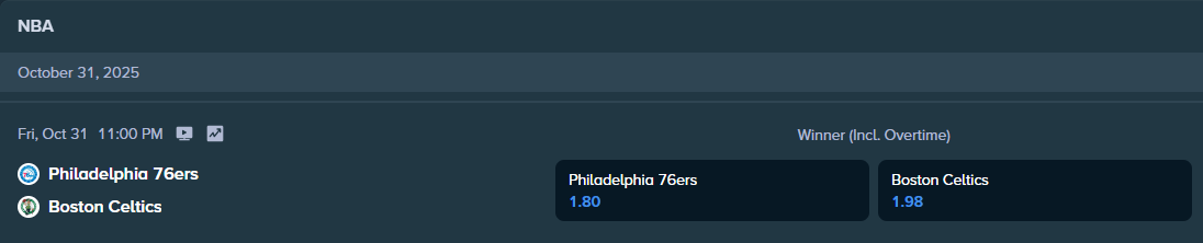 betting odds for the match between boston celtics and philadelphia 76ers