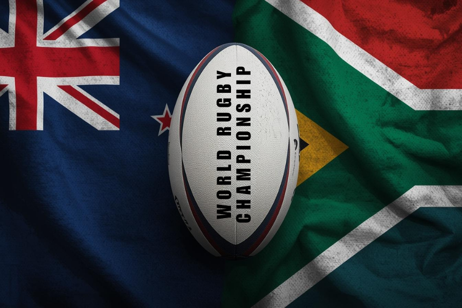 a rugby ball between the flags of new zealand and south africa in rugby championship