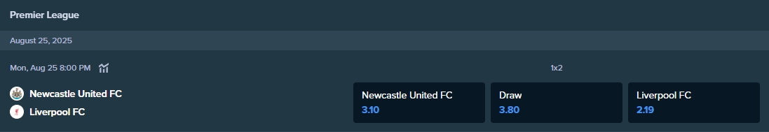 quote di scommessa da stake.com per la partita tra newcastle united fc e liverpool fc