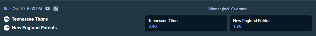 winning odds from stake.com for the nfl match between titans and patriots