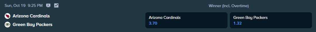 betting odds for the match between cardinals and packers from stake.com
