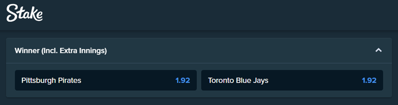 the betting odds from stake.com for the match between pittsburgh pirates and toronto blue jays
