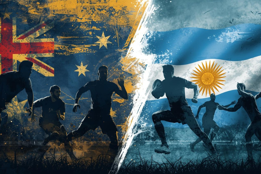 las banderas de los países de Australia y Argentina en el campeonato mundial de rugby