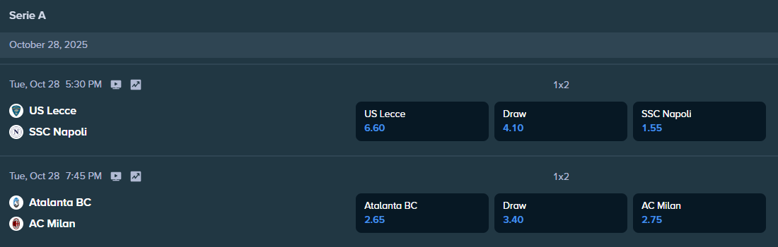 stake.com betting odds for the serie matches between ac milan atlanta and napoli and lecce