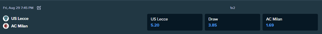 the betting odds from stake.com for the match between us lecce and ac milan