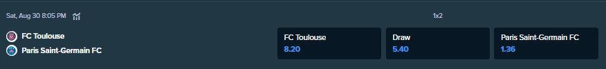 cotações de apostas da stake.com para a partida entre as equipes de futebol psg e toulouse