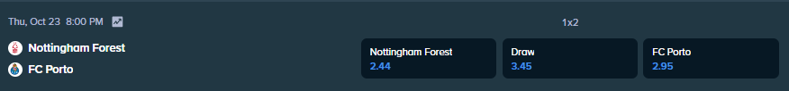 betting odds from stake.com for the match between fc porto and nottingham forrest