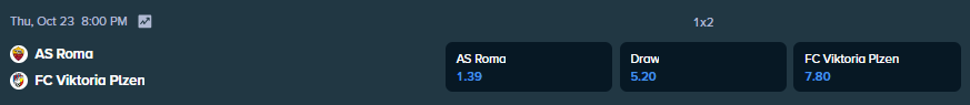 betting odds from stake.com for the match between plzen and as roma