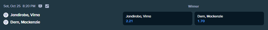 betting odds from stake.com for the ufc match between jandiroba virna and dern mackenzie