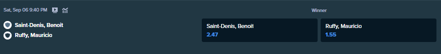 quote di scommessa da stake.com per l'incontro di mma tra benoit denis e mauricio ruffy