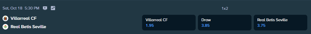 stake.com betting odds for the la liga match between villarreal cf and real betis