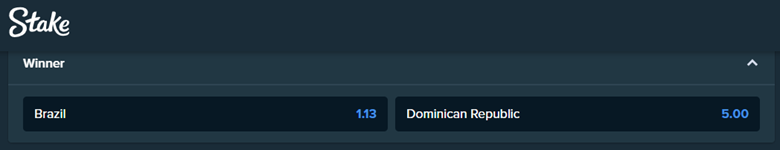 betting odds from stake.com for the match between brazil and dominican republic